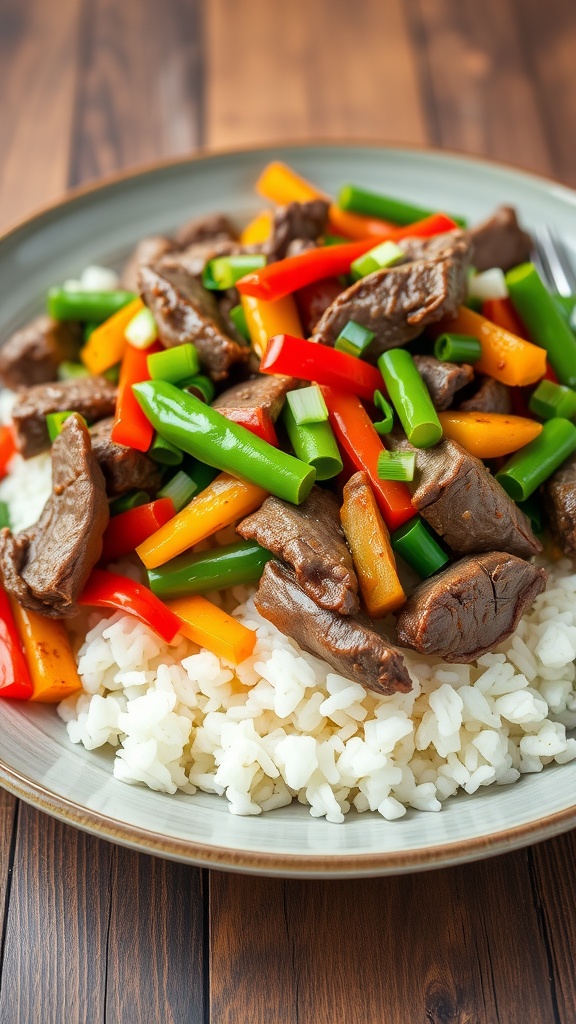 Sizzling Beef Steak Stir Fry Recipe Beef steak stir fry with bell peppers, snap peas over rice on a wooden table.